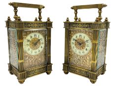 French - Pair of Edwardian 8-day timepiece carriage clocks with bevelled rectangular glass panels an