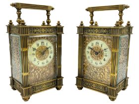 French - Pair of Edwardian 8-day timepiece carriage clocks with bevelled rectangular glass panels an