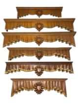 Mid-to-late 20th century matched set of six graduating cherry wood and walnut box curtain pelmets or