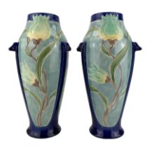 Pair of Burmantofts Faience three-handled vases