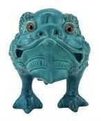 Burmantofts Faience turquoise-glaze spoon warmer modelled as a grotesque three-legged toad