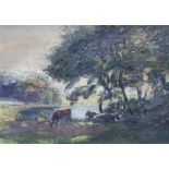 English School (Early 20th century): Cattle Watering by Trees