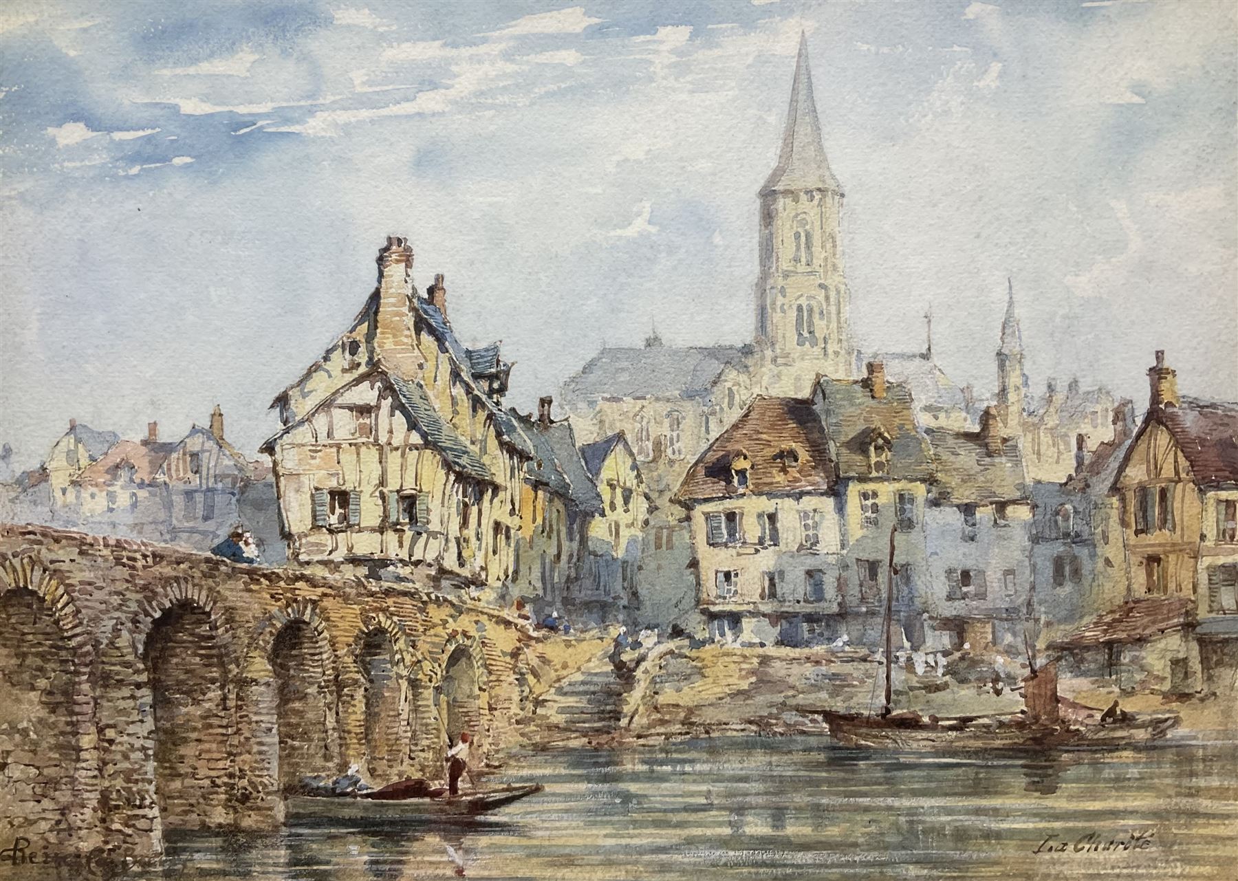 Pierre Le Boeuff (Belgian fl.1899-1920): 'La Charit�-sur-Loire' with View of Sainte-Croix-Notre-Dame