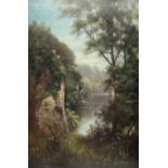 D Lawrence (British early 20th century): Lake Scene with Trees