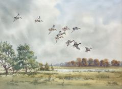 Robert W Milliken (British 1920-2014): Ducks in Flight over Marshland