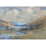 Frank Dean (British 1865-1947): Lake Landscape with Shepherd