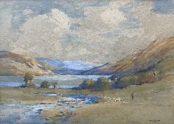 Frank Dean (British 1865-1947): Lake Landscape with Shepherd