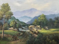 Jim (Continental 20th century): Indonesian Landscape with Figures and Elephants