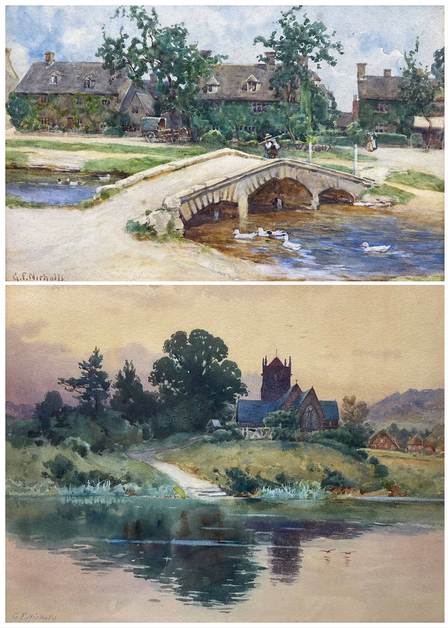 George Frederick Nicholls (British 1885-1937): Country Riverside Village and Lakeside Church