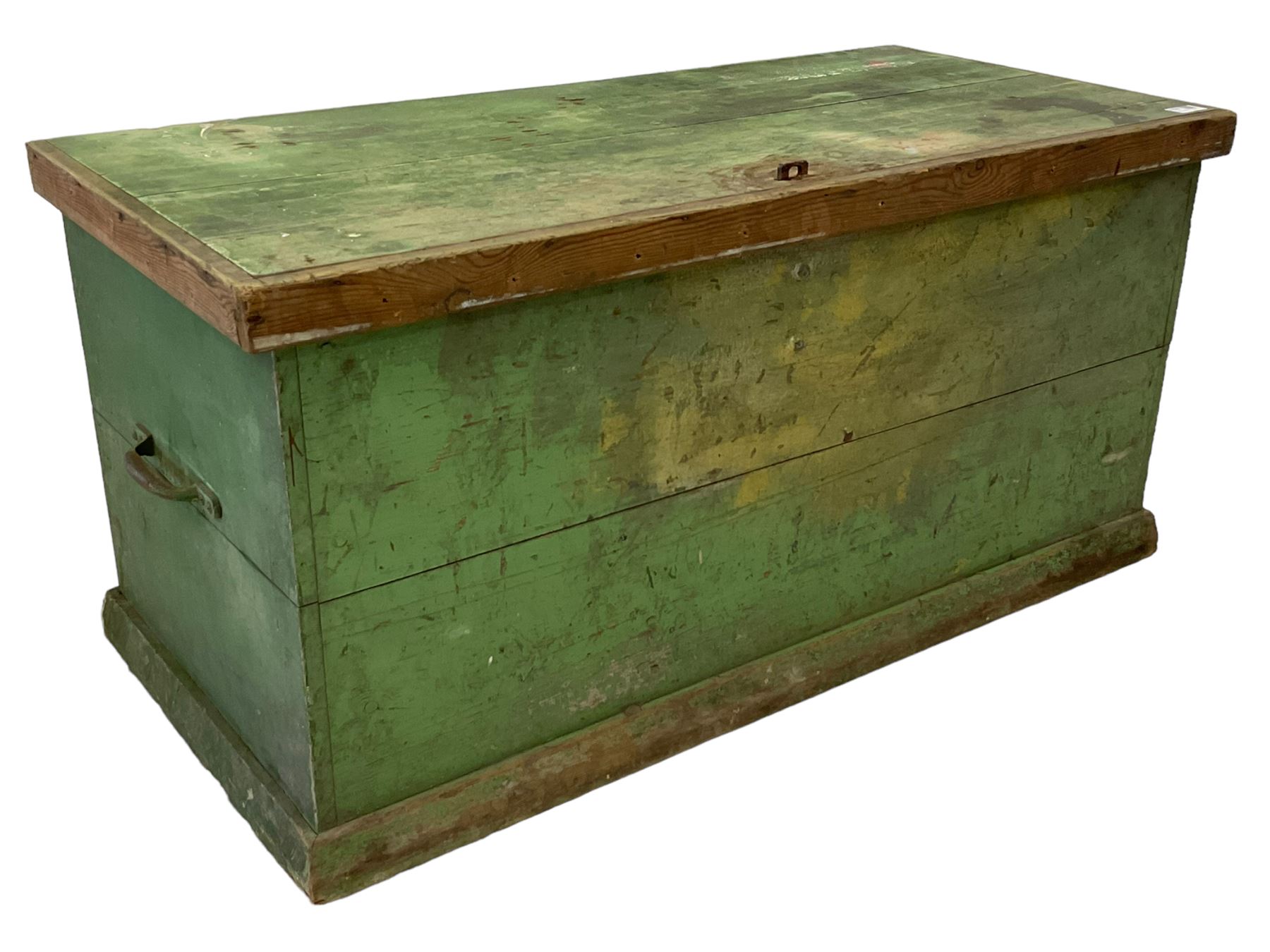 19th century green painted pine tool chest. the hinged lid enclosing tray with compartments