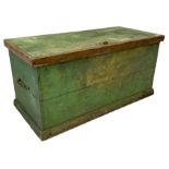 19th century green painted pine tool chest. the hinged lid enclosing tray with compartments