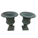 Pair Victorian design cast iron Campana shaped garden urns with base