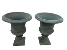 Pair Victorian design cast iron Campana shaped garden urns with base