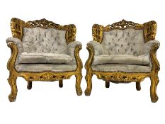 Pair Louis XVI design gilt wingback armchairs