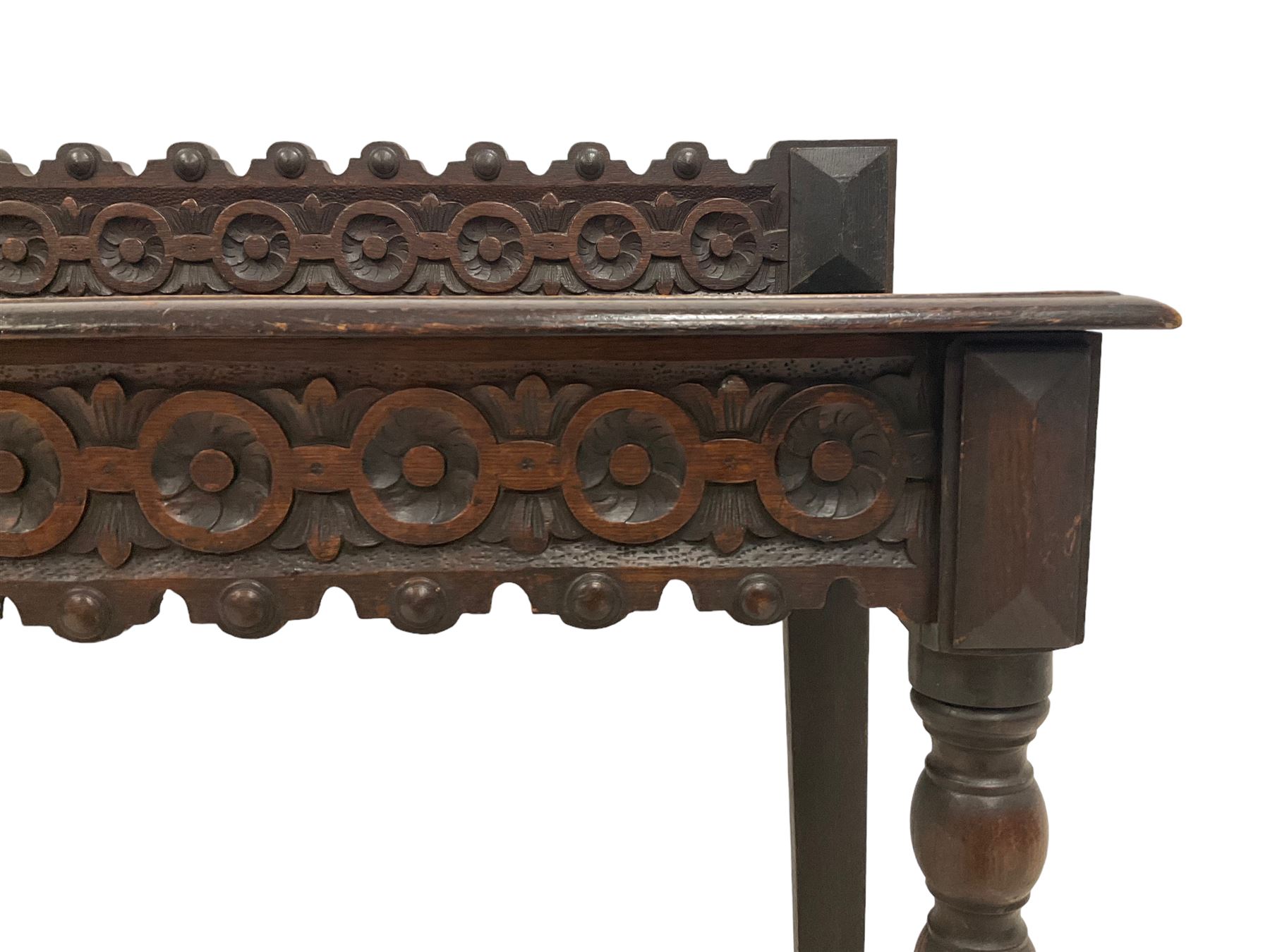 Late 19th century gothic revival oak side table the raised back carved with repeating rosette and fl - Image 5 of 5