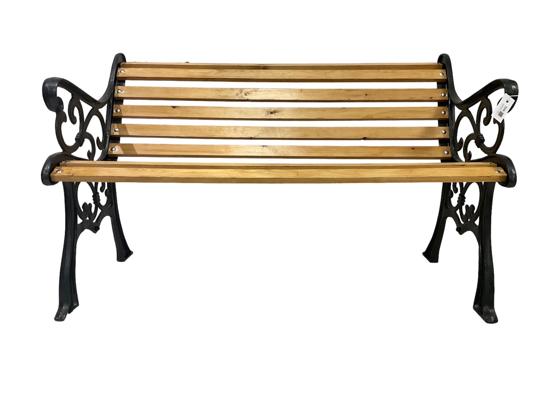 Black painted cast iron and wood slated garden bench