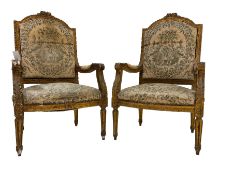 Pair Louis XVI design gilt framed armchairs