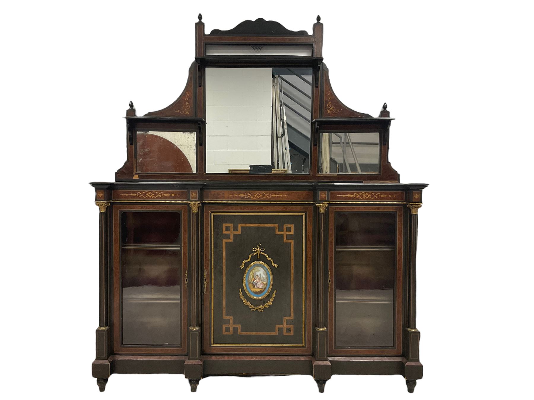 Late 19th century inlaid ebonised mirror back sideboard