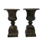 Pair Victorian design cast iron Campana shaped garden urns with base