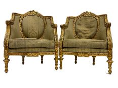 Pair Louis XVI design gilt framed armchairs