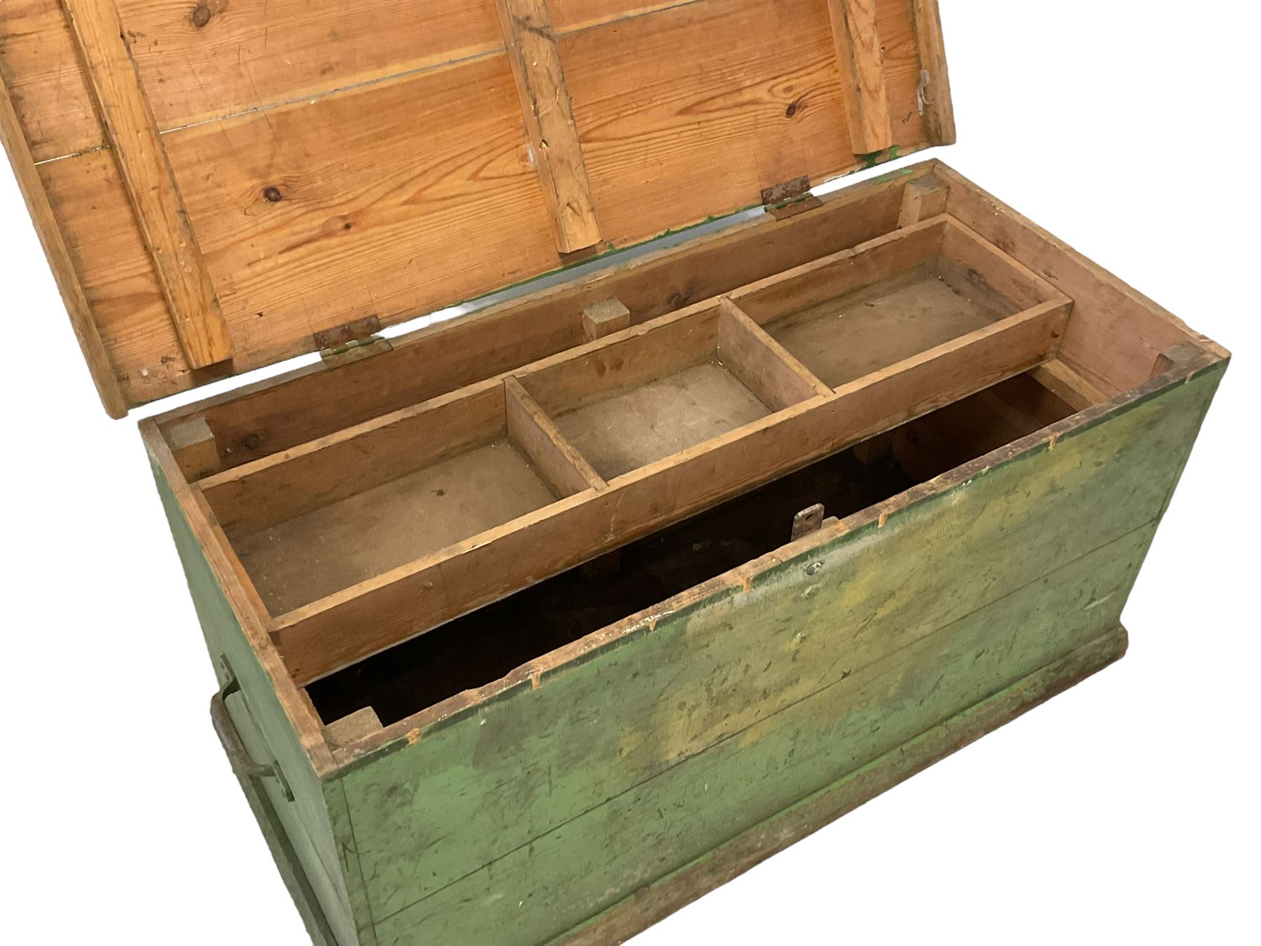 19th century green painted pine tool chest. the hinged lid enclosing tray with compartments - Image 3 of 5