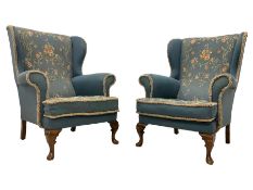 Pair early 20th century Queen Anne design upholstered wingback armchairs