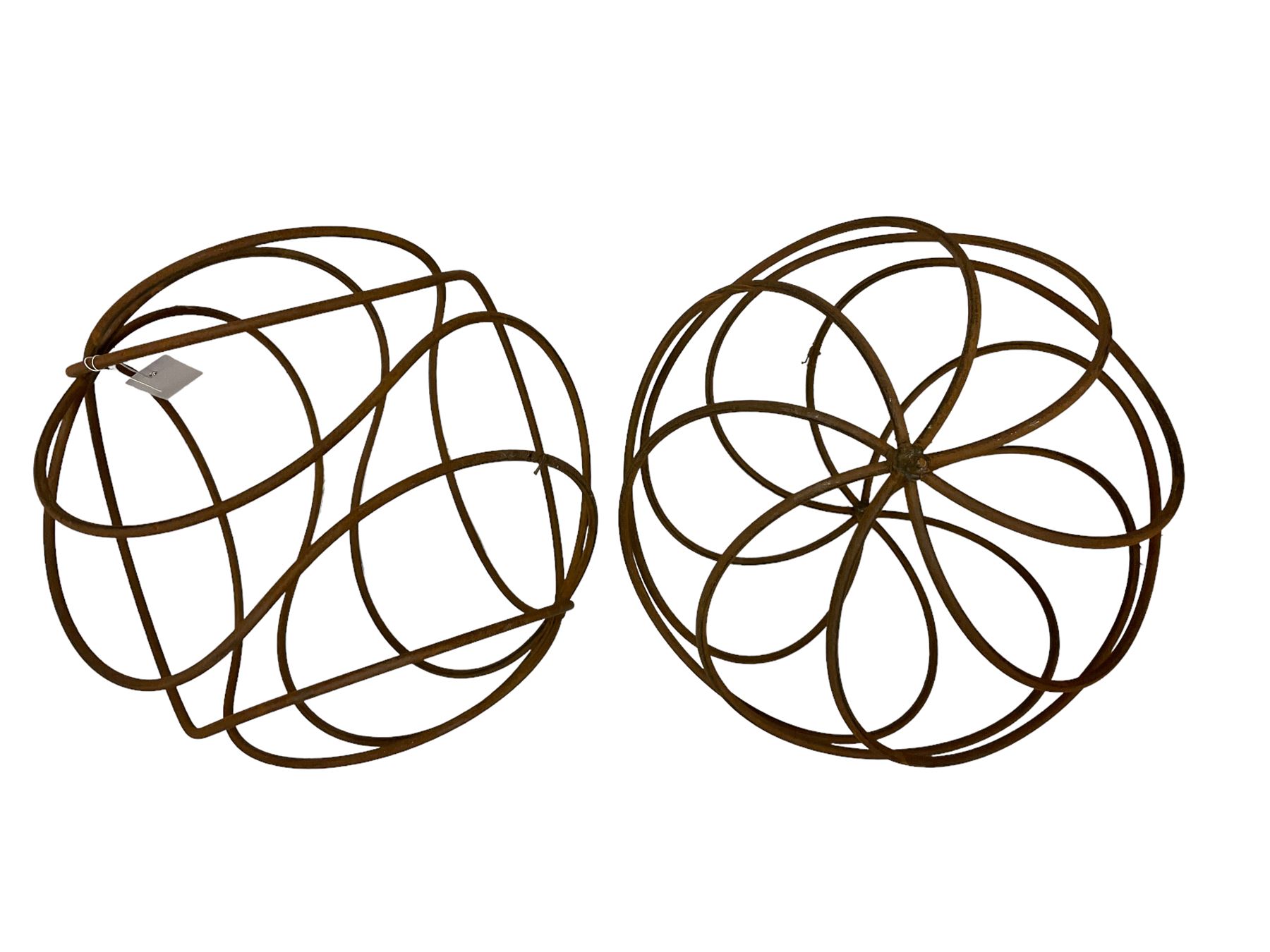 Pair wrought iron garden spheres