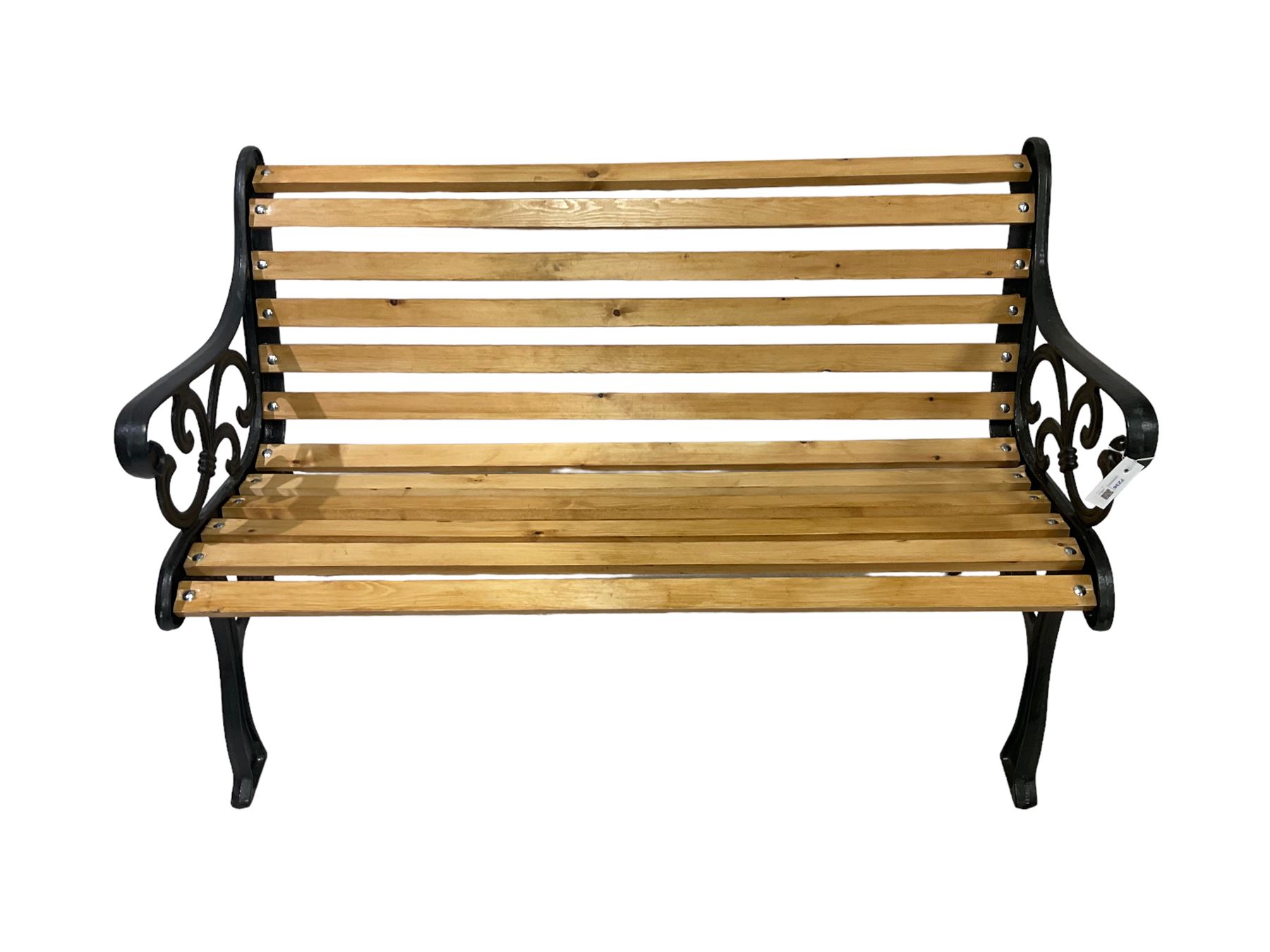 Black painted cast iron and wood slated garden bench - Image 2 of 7