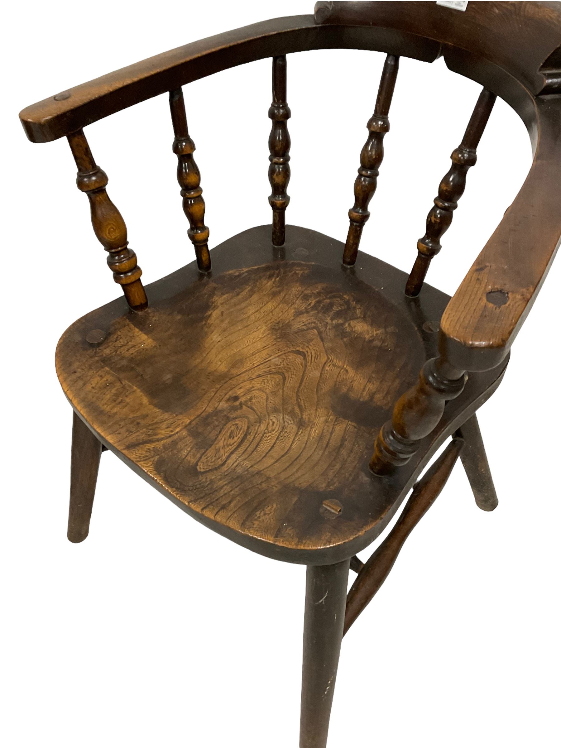 J Elliott & Son - pair early 20th century elm and beech Captains smokers bow chairs - Image 4 of 5