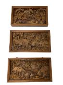 Set of three Chinese hardwood diorama panels