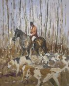 William Norman Gaunt (British 1918-2001): Huntsman with two Beagles in Woodland