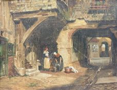 W Bunch (British 19th century): Milkmaids in the Street with Cat