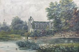 A Hanson (English Naive School 19th/20th century): Cattle Watering Beside Abbey Ruins