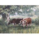 Glyn Williams (British 1955-): Long Horn Cattle Grazing