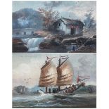 Cantonese School (19th century): Ship at Full Sale and Figures by Waterfall Cottage
