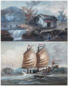 Cantonese School (19th century): Ship at Full Sale and Figures by Waterfall Cottage