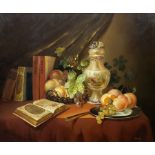 Miguel Gallyas (Continental 20th century): Still Life of Books Fruit and Vase