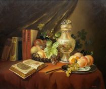 Miguel Gallyas (Continental 20th century): Still Life of Books Fruit and Vase