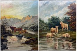 A Hanson (English Naive School 19th/20th century): Sheep and Horned Cattle Watering