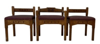 Set three (2+1) Arts and Crafts design ecclesiastical oak church chairs