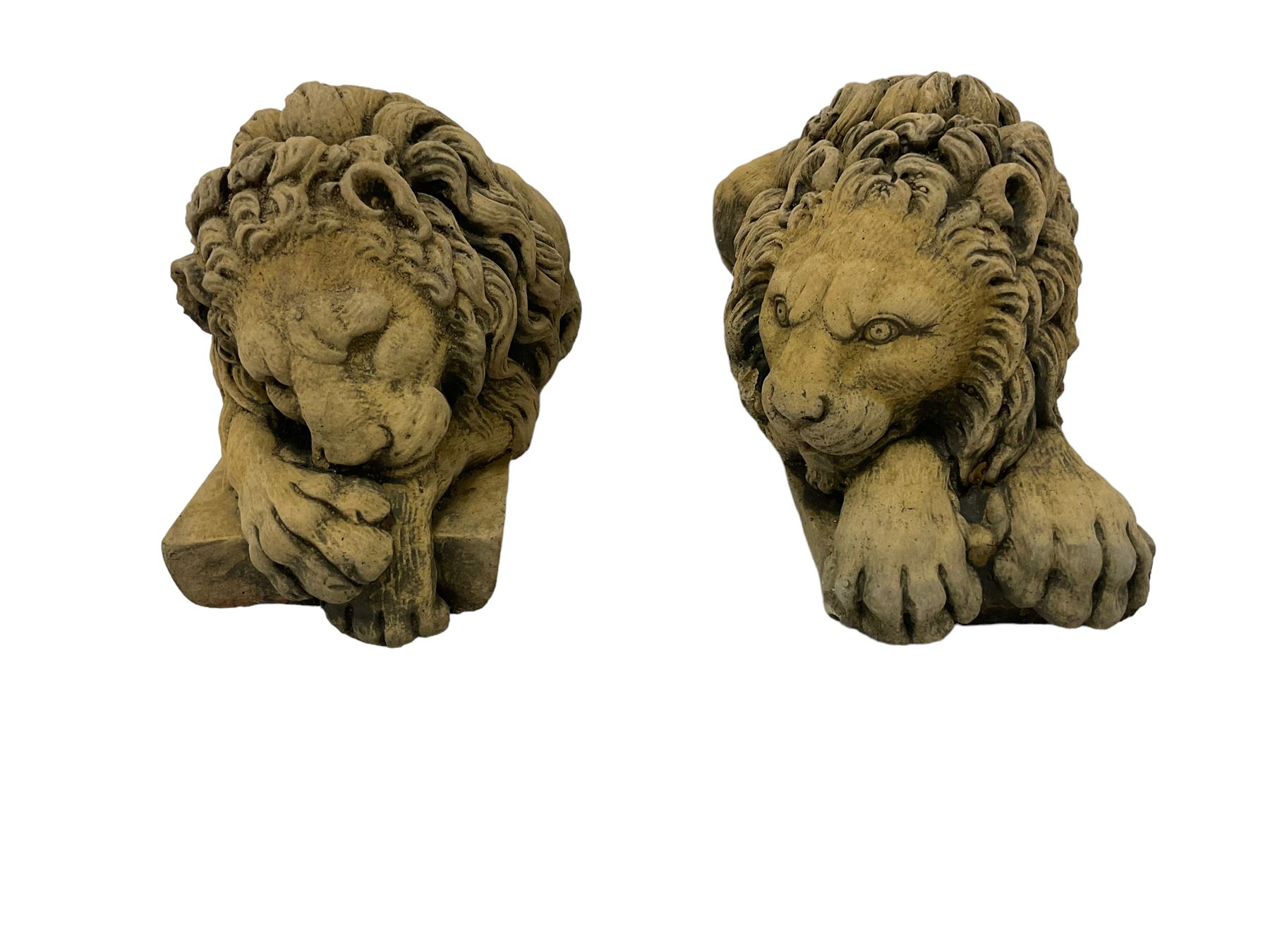 Near pair constituted stone garden or indoor ornaments in the form of recumbent lions - Image 4 of 6