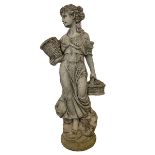 Composite stone garden figure modelled as an Italian maiden carrying baskets