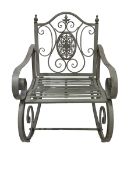 Washed grey finish wrought metal rocking garden armchair