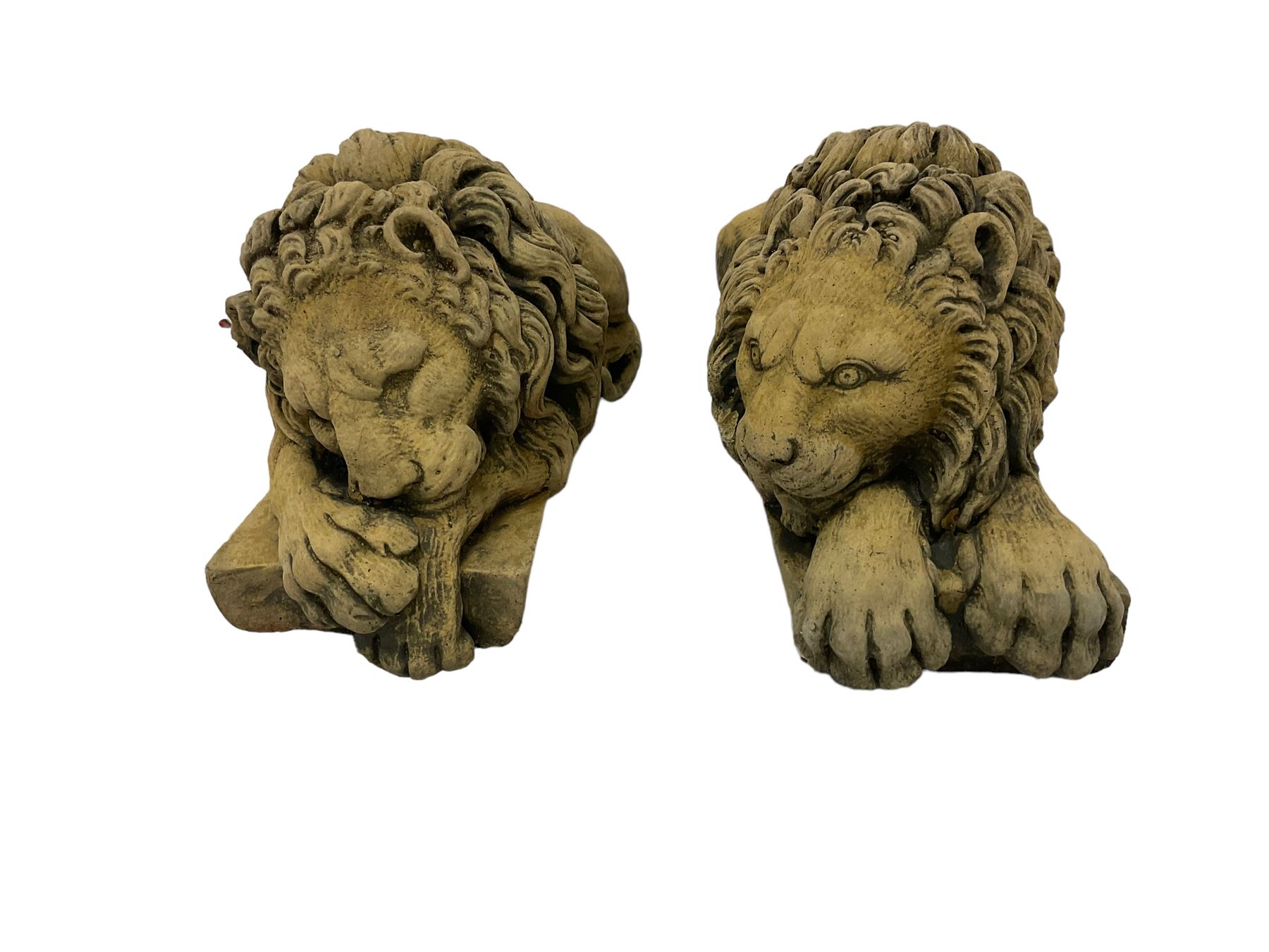 Near pair constituted stone garden or indoor ornaments in the form of recumbent lions - Image 2 of 6