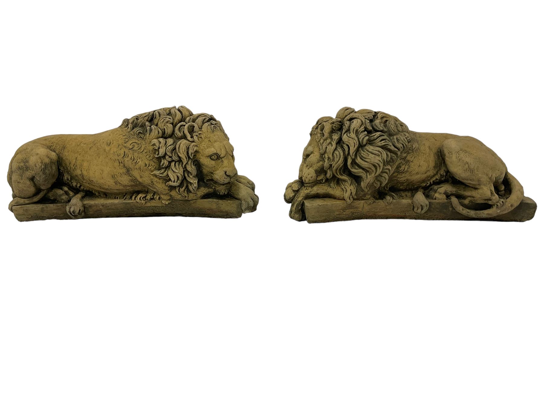 Near pair constituted stone garden or indoor ornaments in the form of recumbent lions - Image 3 of 6