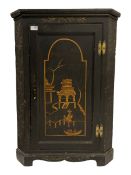 18th century black lacquered pine corner cupboard