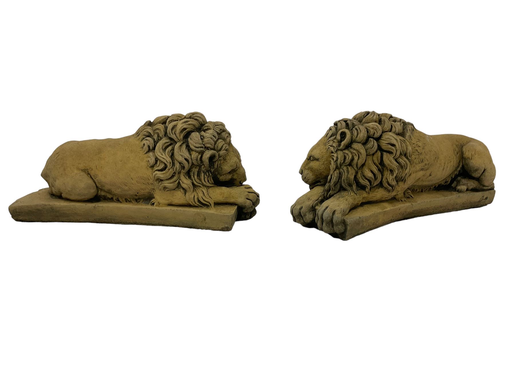 Near pair constituted stone garden or indoor ornaments in the form of recumbent lions - Image 5 of 6