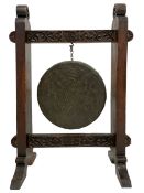 Late 19th century carved oak frame gong on stand