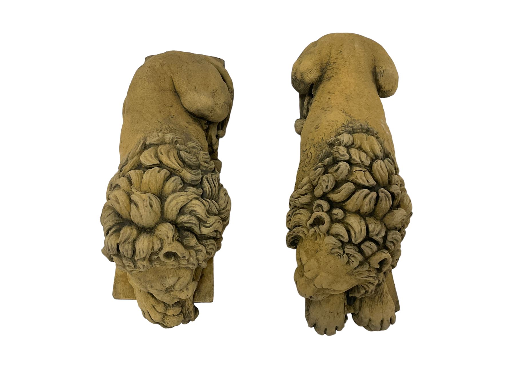 Near pair constituted stone garden or indoor ornaments in the form of recumbent lions - Image 6 of 6