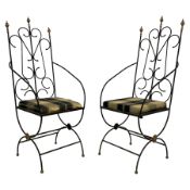 Pair Gothic design wrought metal throne chairs